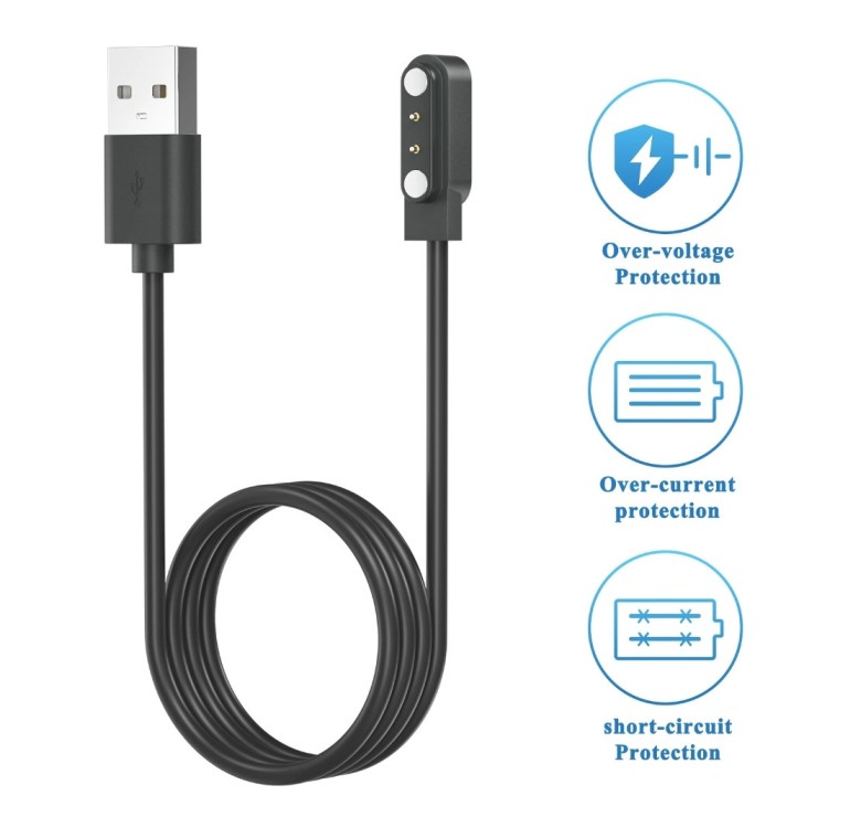 Магнітний USB кабель для смарт-годинників на 2 конектора / 4 mm./ 80 см. / Чорний