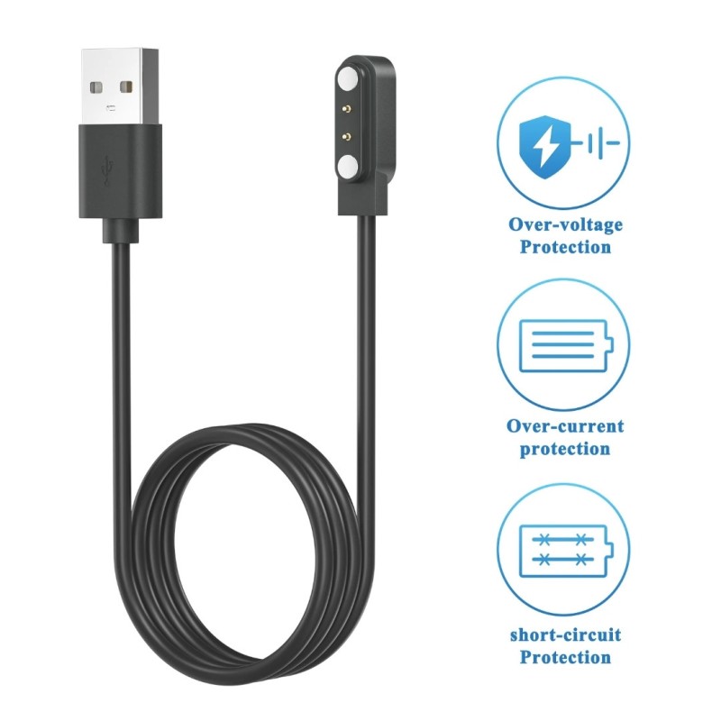 Магнітний USB кабель для смарт-годинників на 2 конектора / 4 mm./ 80 см. / Чорний