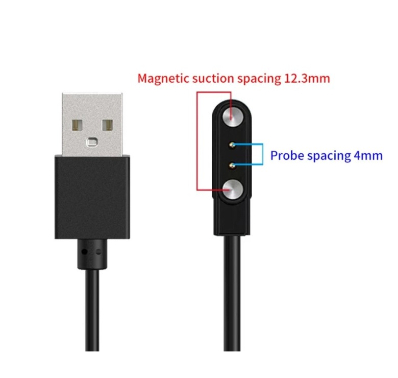 Магнітний USB кабель для смарт-годинників на 2 конектора / 4 mm./ 80 см. / Чорний