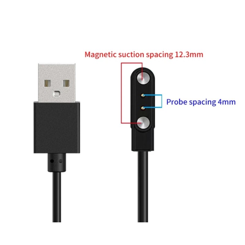 Магнітний USB кабель для смарт-годинників на 2 конектора / 4 mm./ 80 см. / Чорний