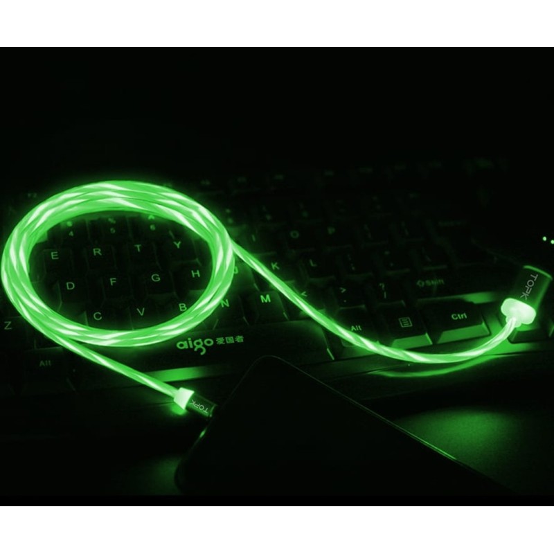 Магнітний USB кабель для Iphone (8-Pin) TOPK Cвітиться (Зеленим) швидка зарядкa 3A Зелений