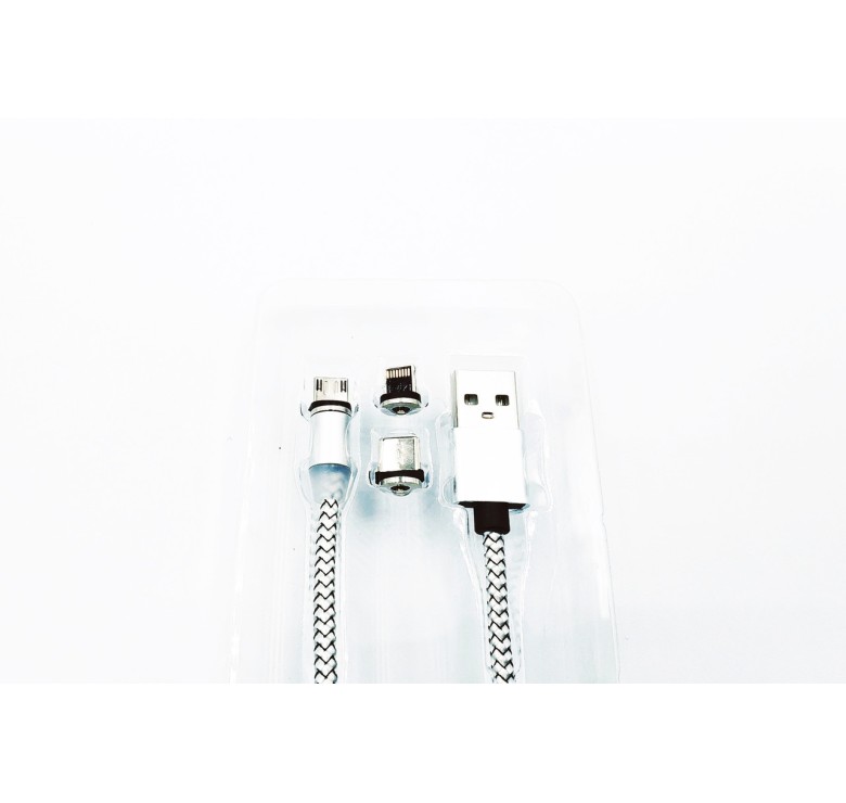 Магнітний USB кабель 3 в 1 (Micro, Type-C, Lightning) X-CABLE Круглий 360 Градусів Сірий