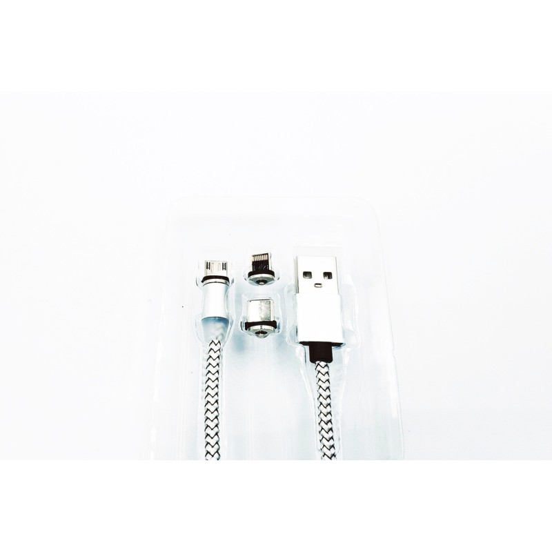 Магнитный USB кабель 3 в 1 (Micro, Type-C, Lightning) X-CABLE Круглый 360 Градусов Серый