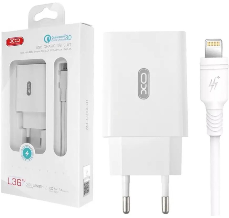 Блок живлення XO-L36 з кабелем Lightning Швидка зарядка Quick Charge 3.0 Білий