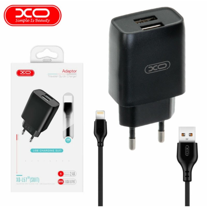 Оригинальный блок питания XO-L57 с кабелем lightning для Iphone 5 вольт 2.4 / Ампера / 2 USB Черный