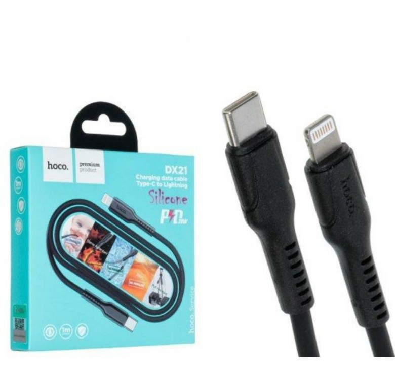 Кабель Hoco. DX21 / Type-C - Lightning / для смартфонів / Силіконовий / 1 метр / Чорний