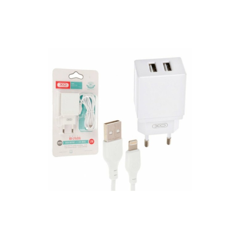 Блок живлення XO-L75 з кабелем lightning для Iphone / 5 вольт 2.4 Ампера / 2 USB / Білий