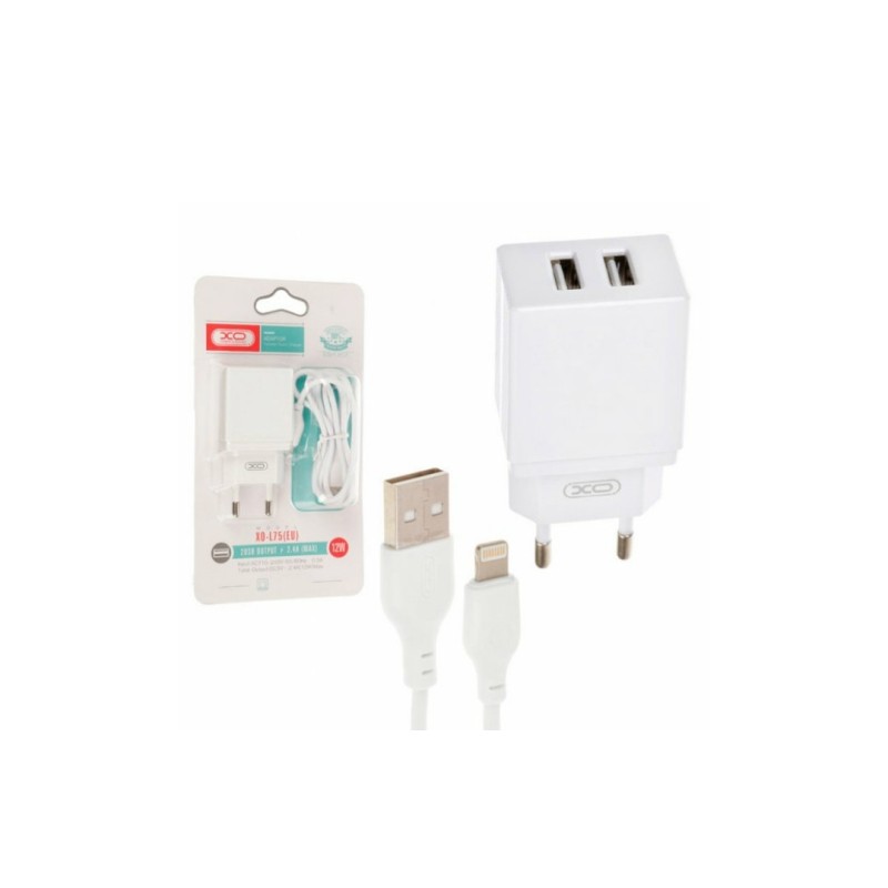 Блок живлення XO-L75 з кабелем lightning для Iphone / 5 вольт 2.4 Ампера / 2 USB / Білий