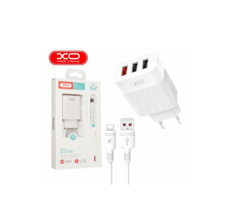 Блок живлення XO-L72 з кабелем USB - Type-C / 3 USB / Швидка зарядка Quick Charge 3.0 / Білий
