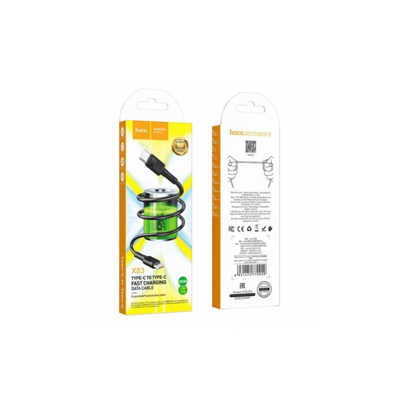 Кабель Hoco. X83 / Type-C на Type-C / для смартфонів / До 60 ват / 1 метр / Чорний