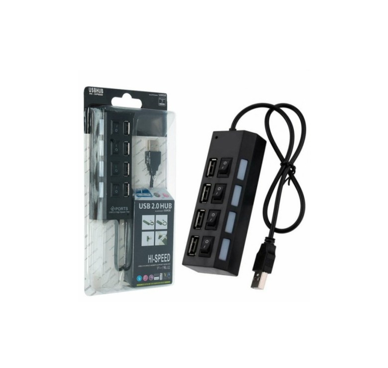USB хаб Hi-Speed / USB 2.0 / 4 порти USB / З перемикачами / 40 см. / Чорний