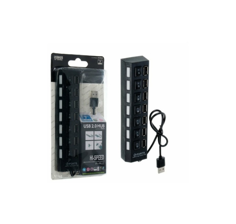 USB хаб Hi-Speed / USB 2.0 / 7 портів USB / З перемикачами / 40 см. / Чорний