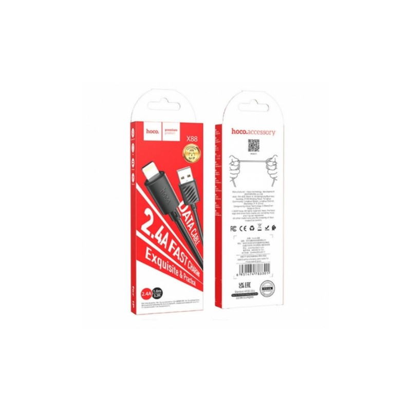 Кабель Hoco X88 / Lightning - USB для Iphone / Быстрая зарядка до 2.4 ампера / 1 метр / Черный