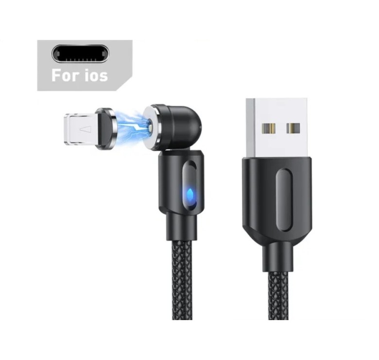 Магнітний кабель USLION 2 в 1 / Lightning (Iphone) - USB / 540 градусів / Круглий / 200 см. / Чорний