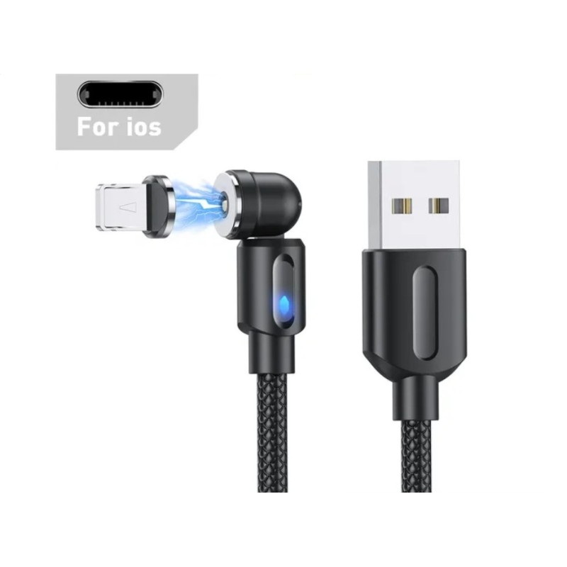 Магнітний кабель USLION 2 в 1 / Lightning (Iphone) - USB / 540 градусів / Круглий / 200 см. / Чорний