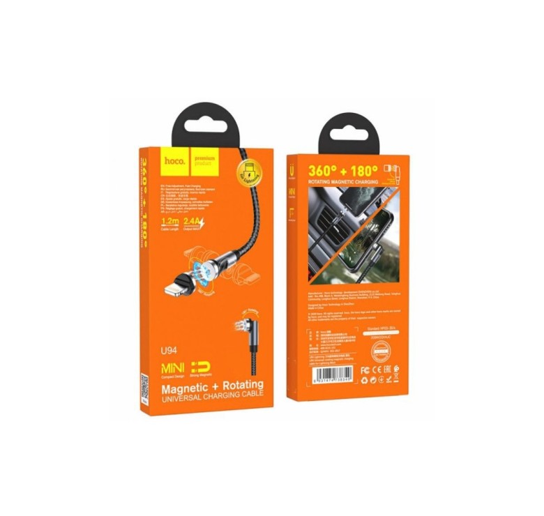 Магнітний кабель Hoco U94 2 в 1 / Lightning (Iphone) - USB / 540 градусів / Круглий / 120 см. / Чорний
