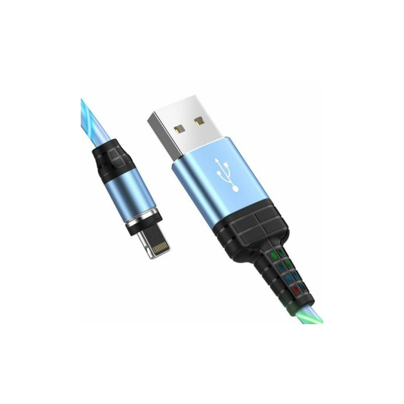 Магнитный силиконовый кабель (Светящийся) Hoco U90 / Lightning (Iphone) - USB / 100 см. / Голубой