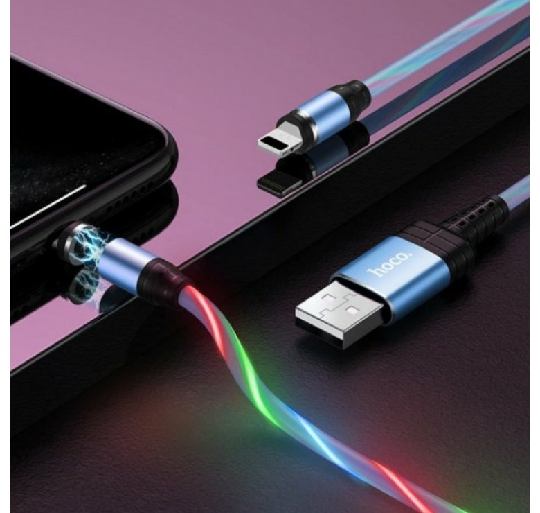 Магнітний силіконовий кабель (Світиться) Hoco U90 / Lightning (Iphone) - USB / 100 см. / Блакитний