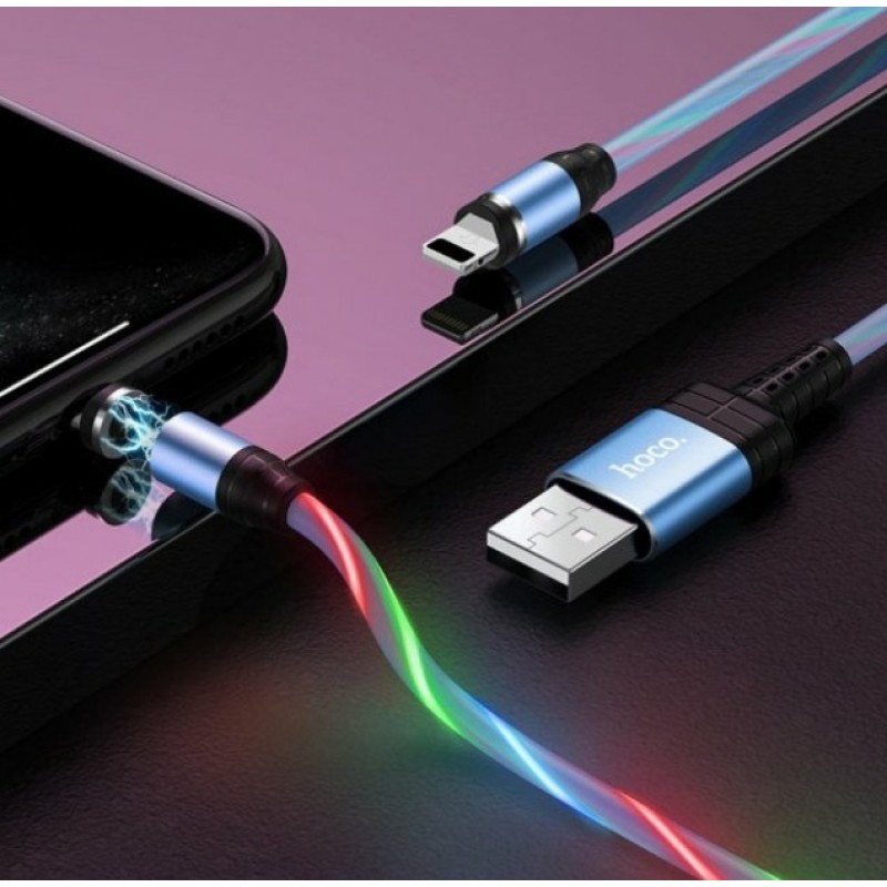 Магнитный силиконовый кабель (Светящийся) Hoco U90 / Lightning (Iphone) - USB / 100 см. / Голубой