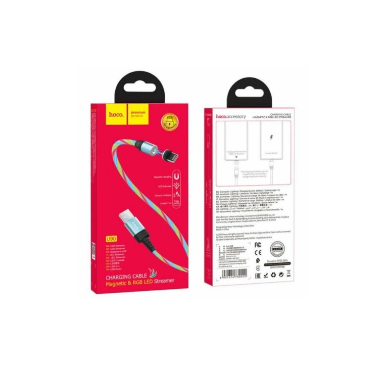 Магнітний силіконовий кабель (Світиться) Hoco U90 / Lightning (Iphone) - USB / 100 см. / Блакитний