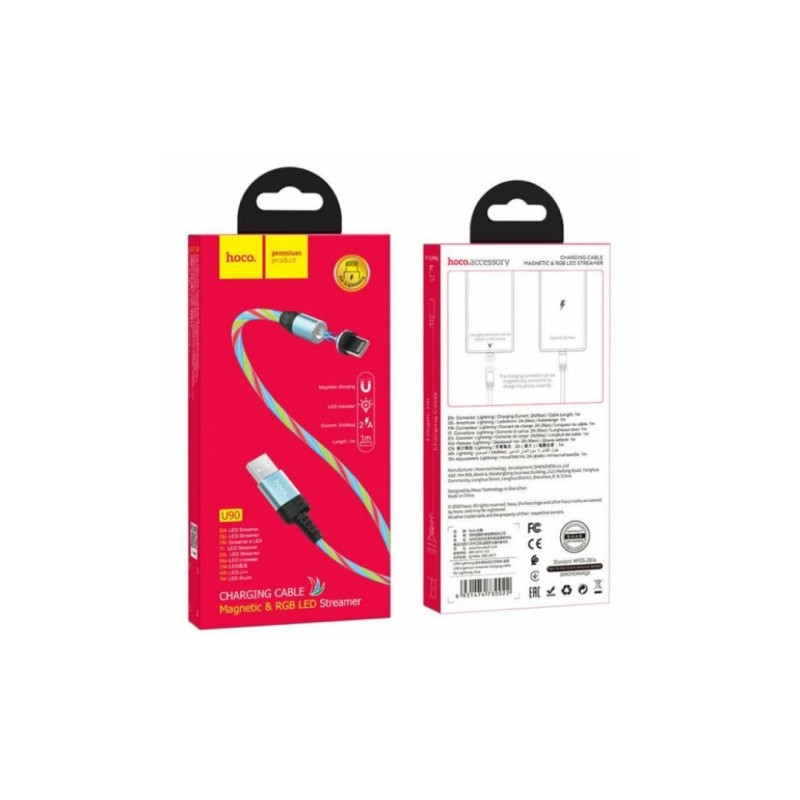 Магнитный силиконовый кабель (Светящийся) Hoco U90 / Lightning (Iphone) - USB / 100 см. / Голубой