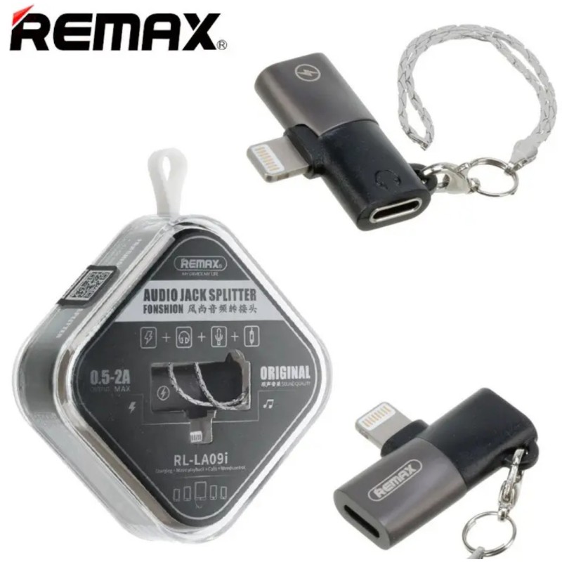 Перехідник Remax RL-LA09i (роздвоювач 2в1) з Lightning (Iphone) на зарядку (Lightning) і аудіо (Lightning) / Чорний