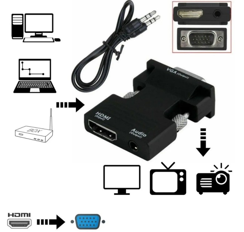 Перехідник HDMI - VGA для передачі відео і аудіо сигналу / Чорний