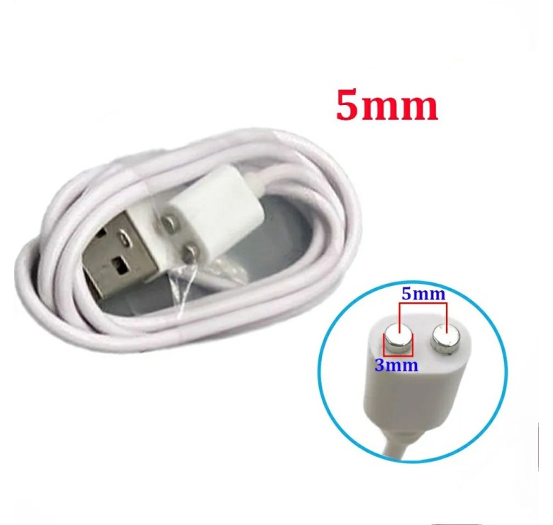 Зарядний магнітний USB кабель для масажерів та інших портативних пристроїв / 80 см. - 5 мм. / Білий