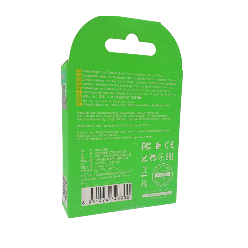 Кабель Hoco DU24 для захищених смартфонів Micro - USB / 8 mm. / 1 метр / Чорний