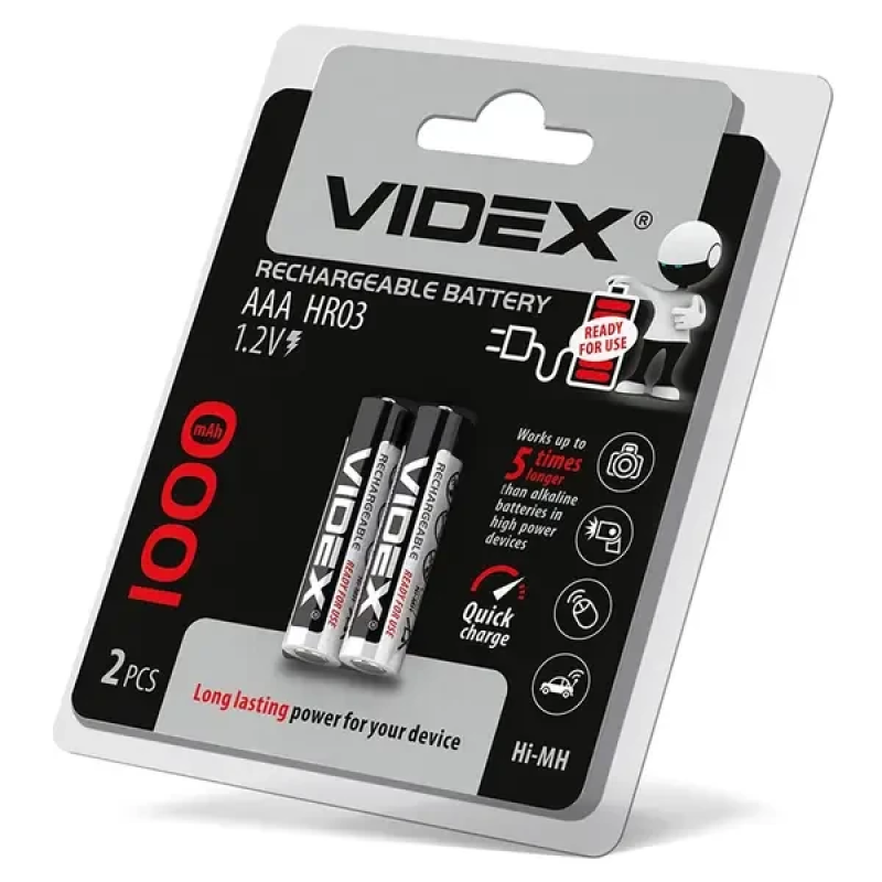 Акумулятор типу AAA Videx Ni-MH, ємністю 1000 mAh, колір чорний.