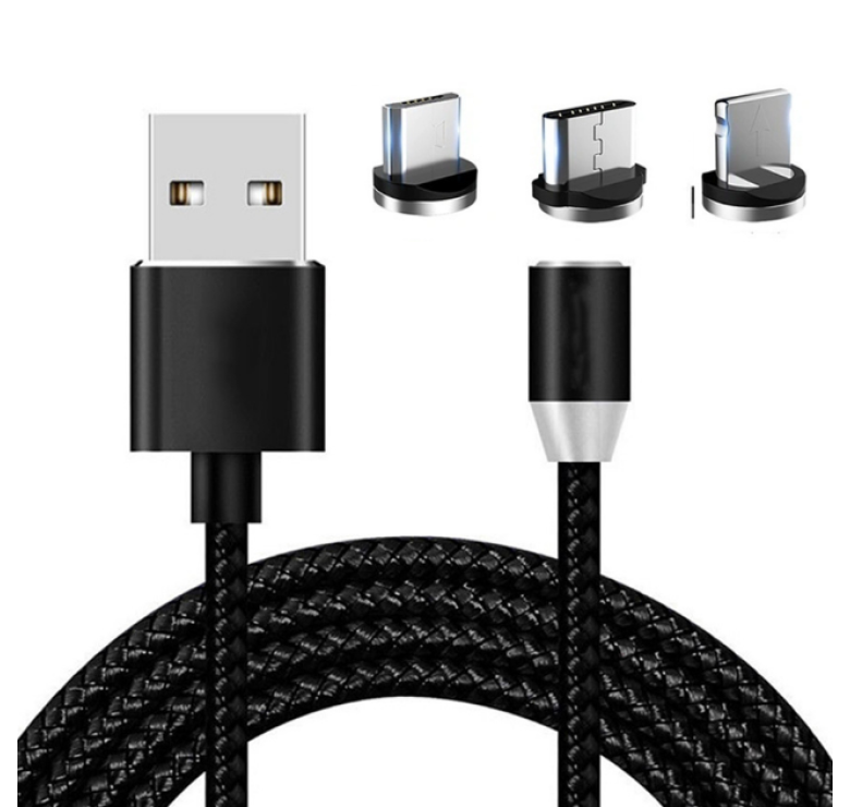 Магнітний кабель X-Cable 3в1 (Type-C, Micro USB, Lighting) / Круглий 360 градусів / Чорний