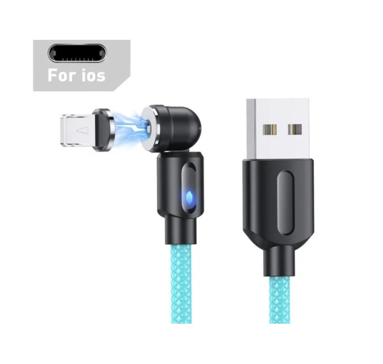 Магнітний кабель USLION 2 в 1 / Lightning (Iphone) - USB / 540 градусів / Круглий / 100 см. / Блакитний