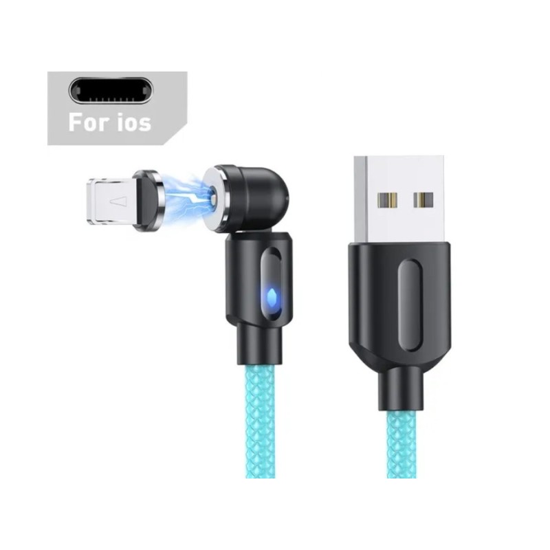 Магнитный кабель USLION 2 в 1 / Lightning (Iphone) - USB / 540 градусов / Круглый / 100 см. / Голубой