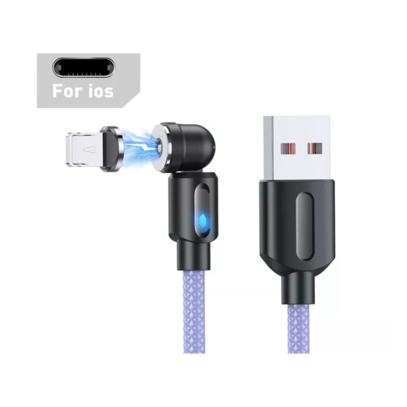 Магнитный кабель USLION 2 в 1 / Lightning (Iphone) - USB / 540 градусов / Круглый / 100 см. / Фиолетовый