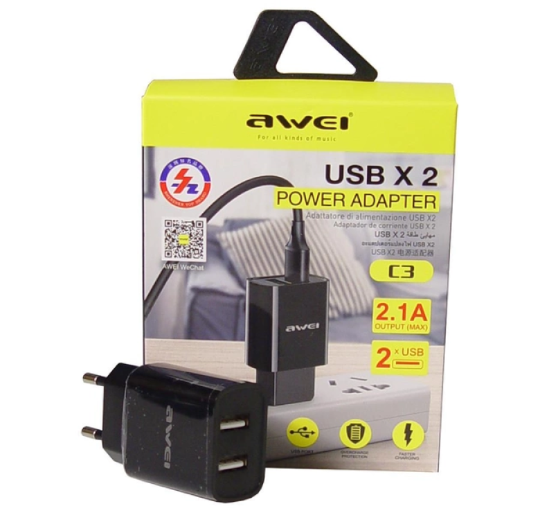 Блок живлення Awei C3 / Адаптер AWEI 2 USB / швидка зарядка (7658) / Чорний