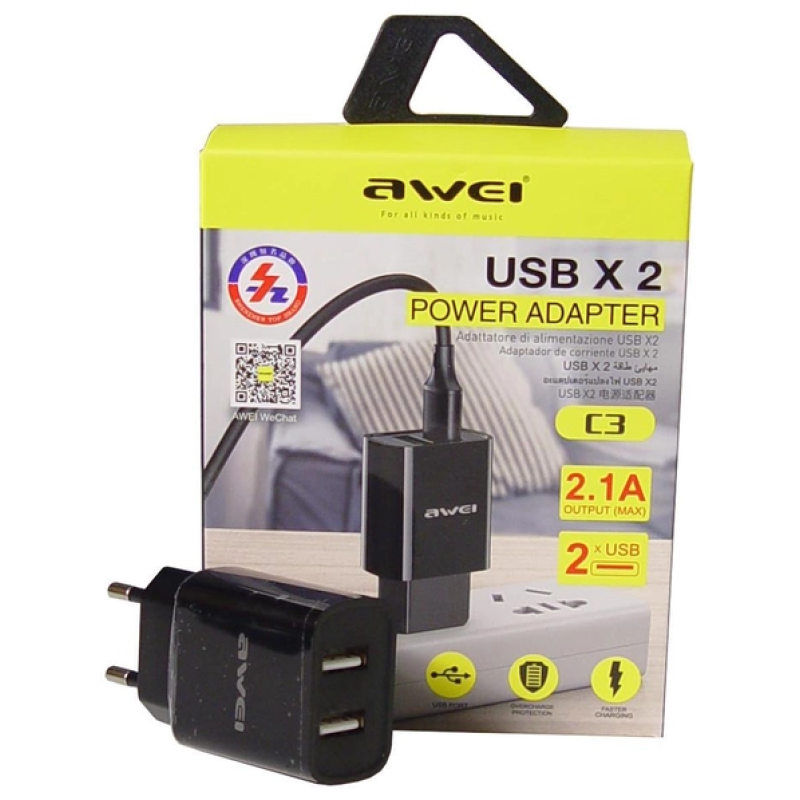 Зарядний пристрій Awei C3 – 2 USB порти, 2.4A