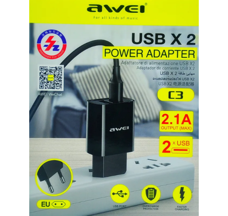 Блок живлення Awei C3 / Адаптер AWEI 2 USB / швидка зарядка (7658) / Чорний