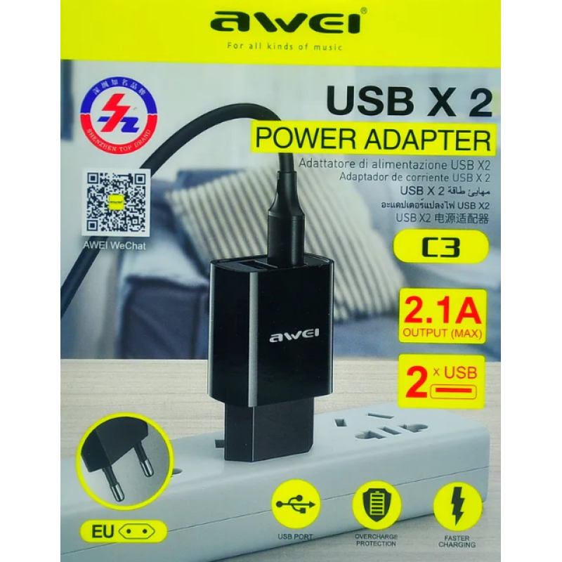 Зарядний пристрій Awei C3 – 2 USB порти, 2.4A