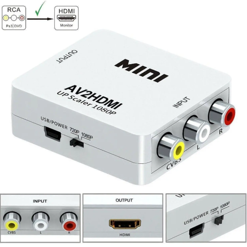 Конвертер AV RCA(тюльпан) в HDMI переходник / Адаптер 1080p з живленням / Білий