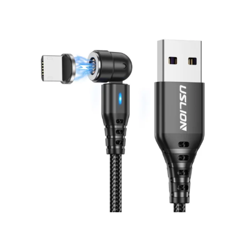Магнітний кабель USLION 2 в 1 (Швидка зарядка 5A) Micro - USB / 540 градусів / Круглий / 100 см / Чорний
