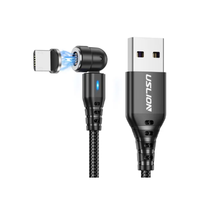 Магнітний кабель USLION 2 в 1 (Швидка зарядка 5A) Micro - USB / 540 градусів / Круглий / 100 см / Чорний