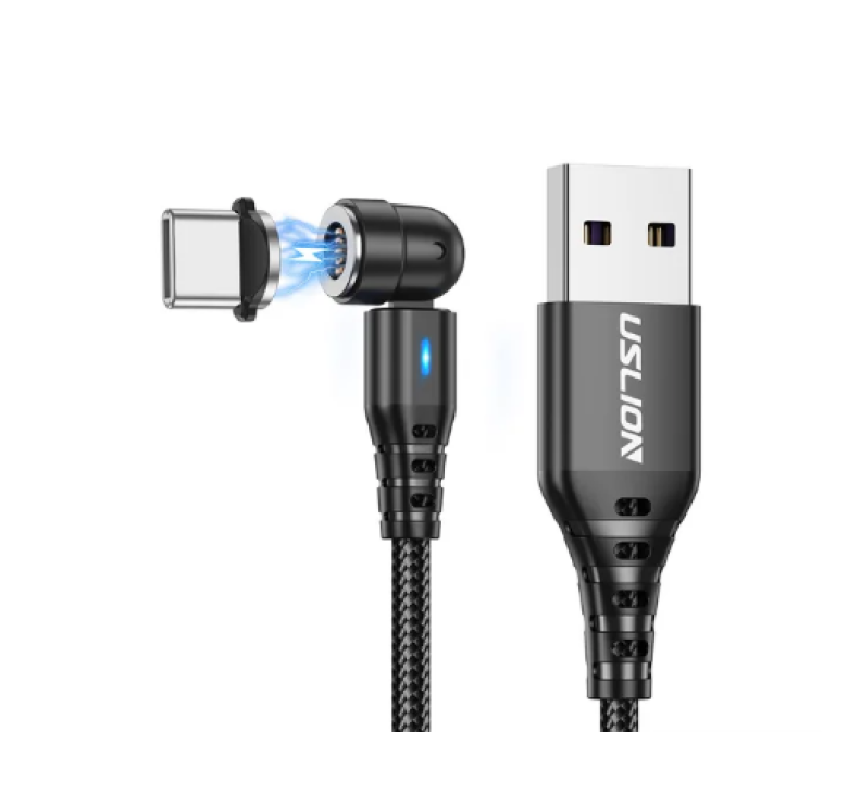 Магнітний кабель USLION 2 в 1 (Швидка зарядка 5A) / Type-C - USB / 540 градусів / Круглий / 100 см. / Чорний