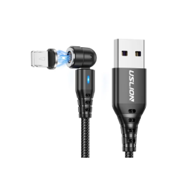Магнітний кабель USLION 2 в 1/(Швидка зарядка 5A)Lightning (Iphone)/ 540 градусів / Круглий / 100 см. / Чорний