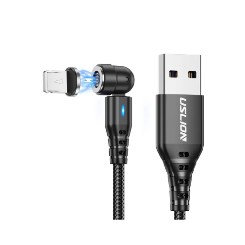 Магнитный кабель USLION 2 в 1/ (Быстрая зарядка) Lightning (Iphone)/ 540 градусов / Круглый / 100 см. / Черный