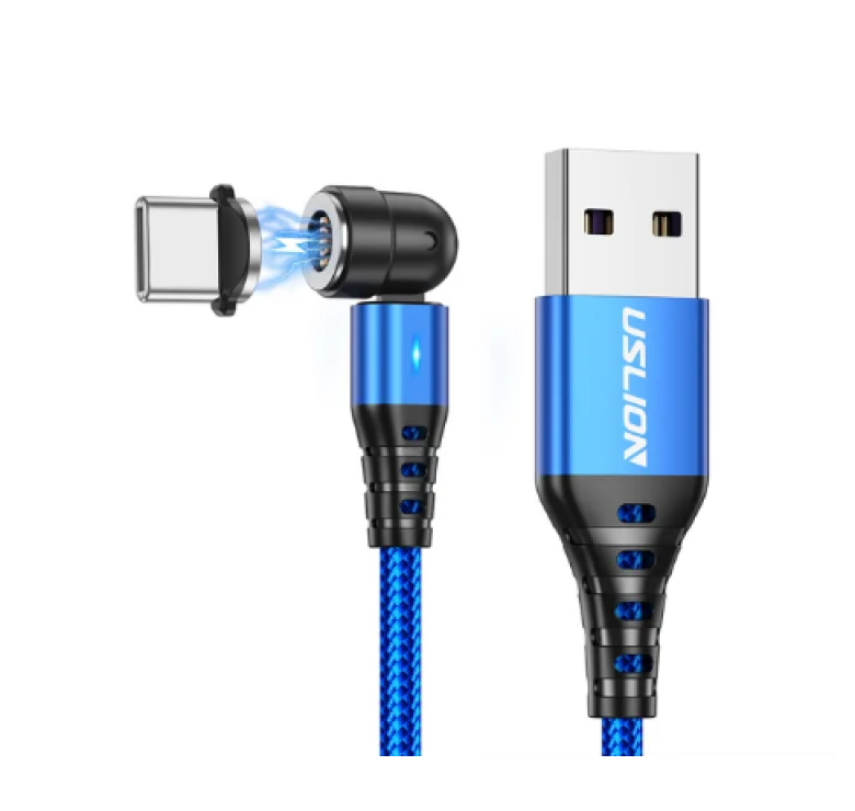 Магнітний кабель USLION 2 в 1 (Швидка зарядка 5A) / Type-C - USB / 540 градусів / Круглий / 100 см. / Синій