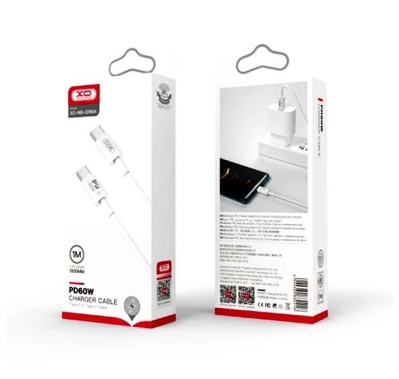 Кабель XO-NB-Q190A / Type C на Type C / для смартфонів / PD60 ват / 1 метр / Білий