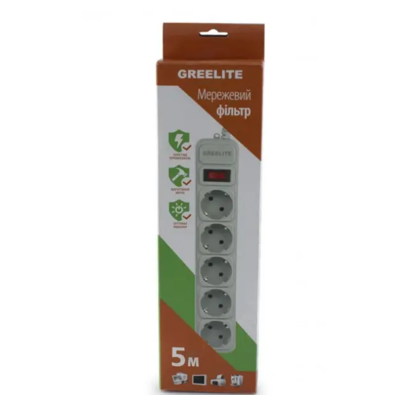 Удлинитель / Cетевой фильтр Greelite на 5 розеток / 5 метров кабель/ Белый