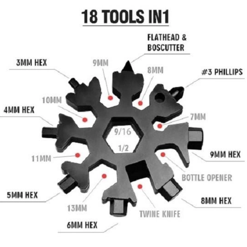Мультитул-сніжинка 18 в 1 — багатофункціональний інструмент (викрутка, шестигранник, гайковий ключ) / Чорний