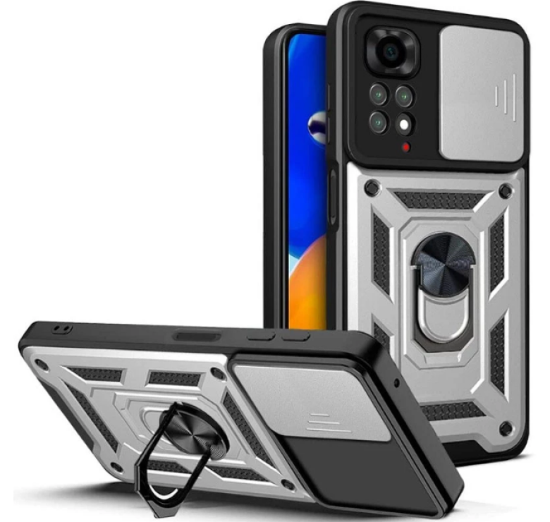 Накладка ударостійка з тримачем і захистом камери для Xiaomi Redmi Note 11S 4G / Серебристий
