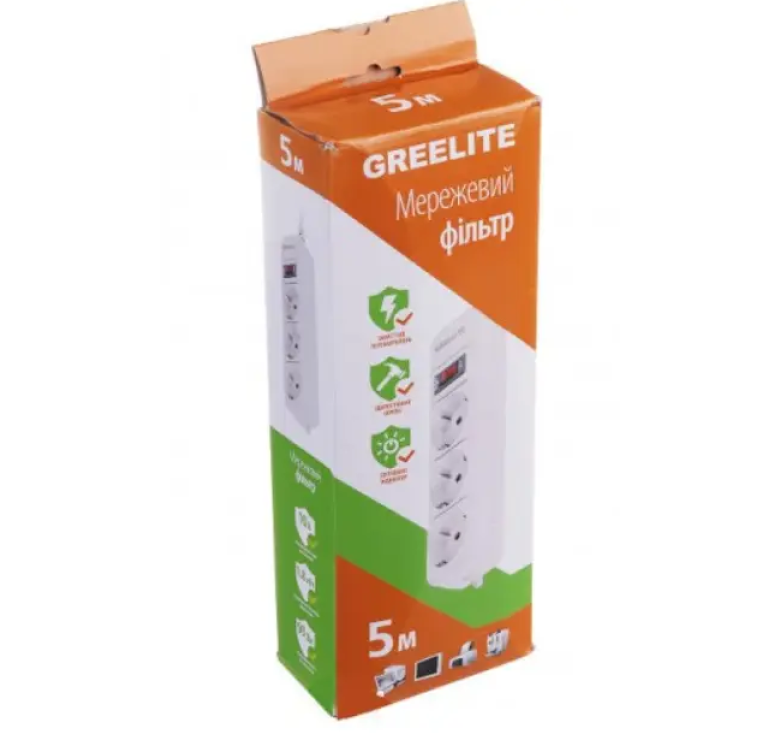 Подовжувач / Мережевий фільтр Greelite на 3 розетки / 5 метрів кабель/ Білий